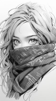 a pencil drawing of a woman with a scarf over her head and the eyes are closed