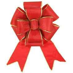 a red bow with gold trim on it