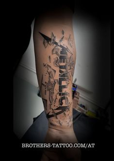 a man's arm with the word tattoo on it and his name in black ink