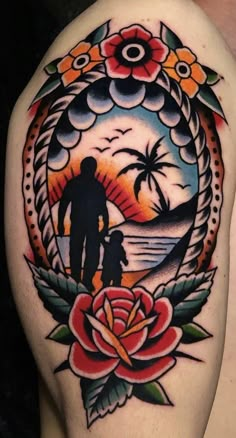 a man and woman tattoo on the back of his arm