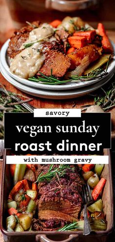 two plates with meat, vegetables and gravy next to the words vegan sunday roast dinner