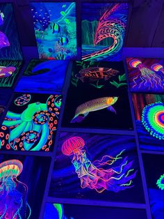 Hand painted originals. Black light sensitive Black Light Artwork, Black Light Canvas Painting, Black Light Drawings, Black Light Art Ideas, Black Light Paintings, Black Light Painting Ideas Easy, Black Light Aesthetic, Glow In Dark Painting