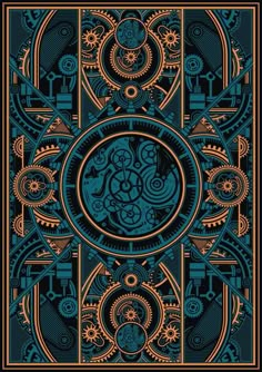 a blue and orange art nouveau design with an intricate motif in the center, on a black background