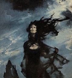 a painting of a woman with her hair blowing in the wind on a cloudy day