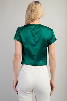 Round neck satin crop top. Gorgeous Green! Satin Crop Top For Party, Silk Cropped Crop Top For Party, Elegant Short Sleeve Crop Top For Party, Elegant Short Sleeve Party Crop Top, Fitted Satin Crop Top, Fitted Satin Trendy Crop Top, Fitted Satin Tops For Spring, Trendy Fitted Satin Crop Top, Trendy Satin Crop Top For Party