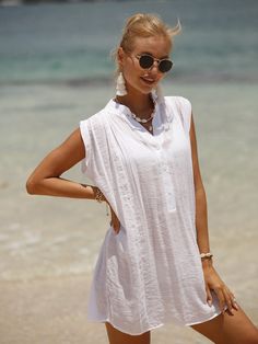 Blanco  Collar sin mangas Tela Liso  Embellished No-Elástico  Artículos de Baño y Playa Purple Flame, Women's Cover Up, Beachwear For Women, Swimsuit Cover Ups, Swimwear Outfit, Chic Woman