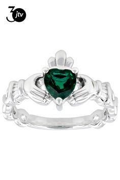 0.50ct Heart Shape Lab Created Emerald Rhodium Over Sterling Silver Claddagh Ring. Measures Approximately 0.74"L x 0.42"W. Not Sizeable. Silver Claddagh Ring, Claddagh Ring, Cubic Zirconia Bracelet, Lab Created Emerald, Claddagh Rings, Moissanite Necklace, Yellow Gemstones, Diamond Alternatives, Cubic Zirconia Rings