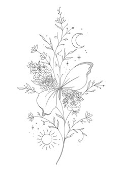 a black and white drawing of flowers with stars on the top, moon in the background