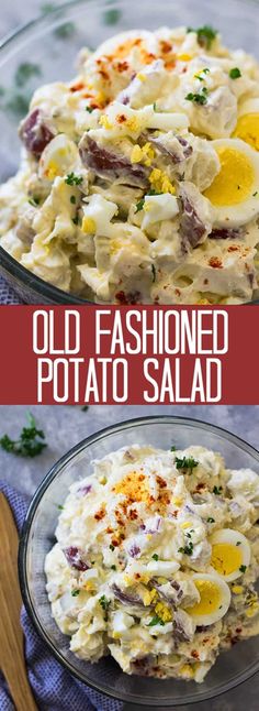 an old fashioned potato salad in a glass bowl with the title above it that reads, old fashioned potato salad