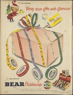 an old advertisement for bear christmas tape with gifts wrapped in ribbons and bows on it