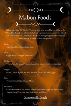 an orange and black poster with the words mabon foods written in white on it