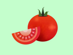 a tomato and a piece of watermelon on a green background with the same color