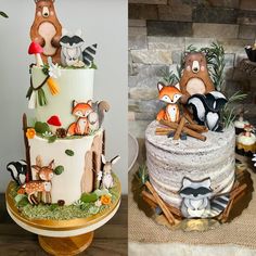 there are two cakes decorated with animals on them