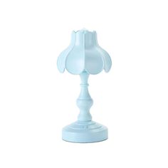 a light blue table lamp with a white base and flower shaped shade on the top