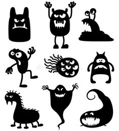 the silhouettes of monsters are black and white, with different designs on them in various shapes