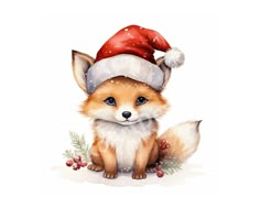 a watercolor painting of a little fox wearing a santa hat and sitting on the ground