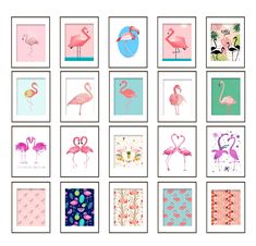 pink and blue flamingos are arranged in squares on a white background with text that says,