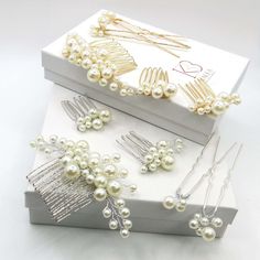 Beautiful and elegant, these delicate hand-wired hair pins and hair combs are adorn with multiple size round pearls for the most romantic and feminine bridal fashion. The gold or silver tone finish wires are easy to adjust according to your most desired wedding hair style. Wear them individually, all together, or make stylish combinations for your one-of-a-kind hair style. The hairpieces make a wonderful gift for brides and bridesmaids.DETAILS:Hand wired with faux pearls.Sold individually or as Pearl Hair Piece, Pearl Bridesmaid Jewelry, Beach Jewelry Boho, Bridal Jewelry Necklace, Pearl Hair Combs, Bridesmaid Pearls, Hair Accessories Pearl, Pearl Hair Pins, Pearl Cluster