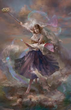 a painting of a girl flying through the air with a wand in her hand and clouds behind her