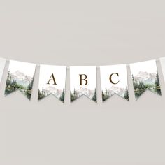 a banner with mountains and trees is hanging on the wall, which reads abcc