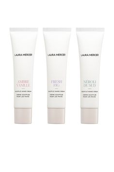 A limited-edition trio of travel size hand creams in best-selling fragrances - Ambre Vanille, Neroli Du Sud - plus one beloved scent back for a limited time - Fresh Fig..  Free of parabens, formaldehydes, and mineral oil.  Made with a blend of French Olive Oil, French Plum Seed Oil and Glycerin to help restore the skin's elasticity.  Tapioca Starch creates a blurring and skin-evening effect to eliminate dry skin and cracks, leaving behind perfect-looking skin with an elegant sheen.  30ml x 3.  W Plum Seed, Body Moisturizers, Foot Cream, Fresh Figs, Laura Mercier, Skin Elasticity, Mineral Oil, Hand Cream, Seed Oil