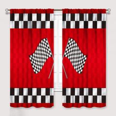 two red curtains with black and white checkered flags