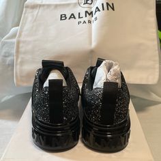 Balmain Slip On Sneakers With Box And Dust Bag Designer Black Patent Leather Sneakers, Designer Black Party Sneakers, Leather Low-top Sneakers For Evening, Evening Leather Low-top Sneakers, Black Leather Party Sneakers, Black Leather Evening Sneakers, Evening Black Leather Sneakers, Black Low-top Party Sneakers, Black Low-top Sneakers For Parties