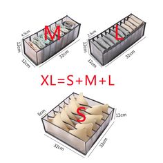 three drawers with different items in them and the same drawer is labeled as xl = s + m + l