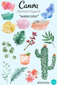 watercolor clipart set with cactus, leaves and flowers