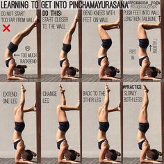 a woman doing yoga poses in front of a wall with instructions on how to do the splits