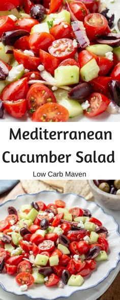 mediterranean cucumber salad with olives, tomatoes and other vegetables on a white plate