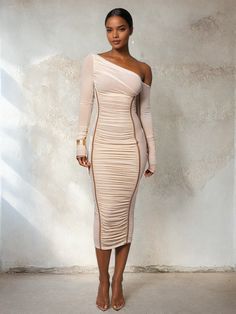 Woman wearing the white Long Sleeve One-Shoulder Midi Dress One Shoulder Midi Dress, Cream Wedding, Ruched Midi Dress, Cocktail Parties, Mesh Long Sleeve, Sleeve Midi Dress, Long Sleeve Midi, White Midi Dress, Waist Line