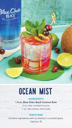 the blue chai bar ocean mist cocktail is served with limes and cranberries