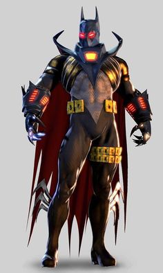 an image of a batman character with red eyes and yellow lights on his chest, standing in