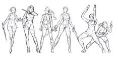 a line drawing of different poses and body shapes for the female character in this video game