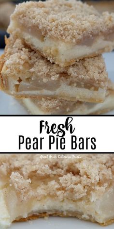 three pieces of fresh pear pie bars stacked on top of each other with text overlay