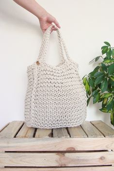 Knitted cotton rope tote bag with lining. Many more colors to choose from! White Cotton Tote Hobo Bag, White Cotton Hobo Tote Bag, Handmade Cotton Tote Hobo Bag, Handmade Cotton Hobo Tote Bag, Summer Cotton Shoulder Bag For Everyday, Everyday Summer Cotton Shoulder Bag, Cream Cotton Bag For Vacation, Eco-friendly White Hobo Tote Bag, Handmade Cotton Hobo Bag For Everyday Use