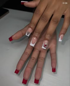 Acrylic Nail Red Design, Red White Nails Acrylic, Red And White Birthday Nails, White French Tip Red Bottom Nails, Colored Bottom Nails, White Nails With Red Underneath, Red Nail Designs Medium Length, Diva Nails Designs, Red Bottom Nails Short