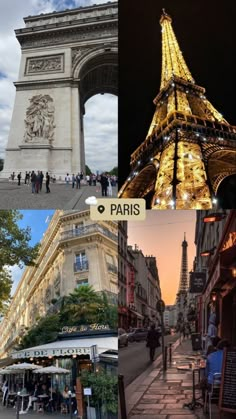 the eiffel tower is lit up at night and day