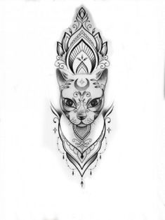 a black and white drawing of a cat's head with an ornate design on it