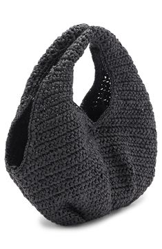 Crafted in a softly structured silhouette from braided paper straw, this compact hobo bag adds boho-chic charm to any warm-weather look. Magnetic-snap closure Top carry handles Drawstring pouch lining Paper straw Imported Black Crochet Bag With Woven Leather, Casual Woven Leather Hobo Tote Bag, Casual Rectangular Woven Leather Hobo Bag, Chic Black Crochet Bag With Woven Leather, Chic Everyday Handwoven Hobo Bag, Casual Woven Leather Hobo Bag For Daily Use, Trendy Woven Hobo Tote Bag, Chic Handheld Hobo Bag In Woven Leather, Chic Handheld Woven Leather Hobo Bag