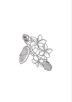 a black and white drawing of a turtle with flowers on it's back end