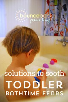 a young boy playing with toys in a bathtub that says, solution to soothe toddler bathtime fears