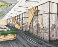 an artist's rendering of the interior of a building with glass walls and plants