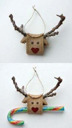 two pictures of reindeer ornaments made out of burlock and twine with candy canes