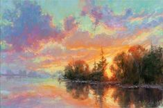 an oil painting of the sun setting over a body of water with trees in the foreground