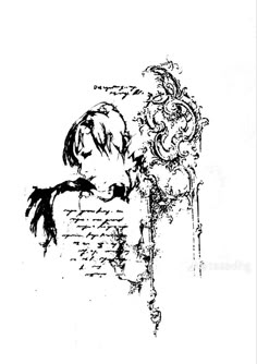 a black and white drawing of a woman sitting on a chair next to a flower