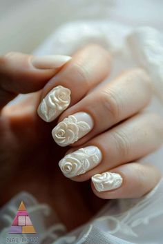 3D Rose Wedding Nails for Brides - Wow with these chic bridal nail art designs featuring delicate 3D rose details. Get creative ideas for your classy wedding nails at nailhow.com. Wedding Nails With Roses, 3d Rose Nail Art, Bridal Nail Art Designs, Classy Wedding Nails, Nails For Brides, Wedding Nail Designs, Classic Nail Designs