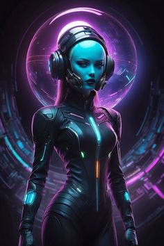 a futuristic woman with headphones on and glowing in the dark, standing against a circular background