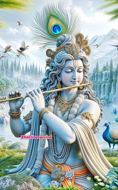 the god playing flute in front of some birds